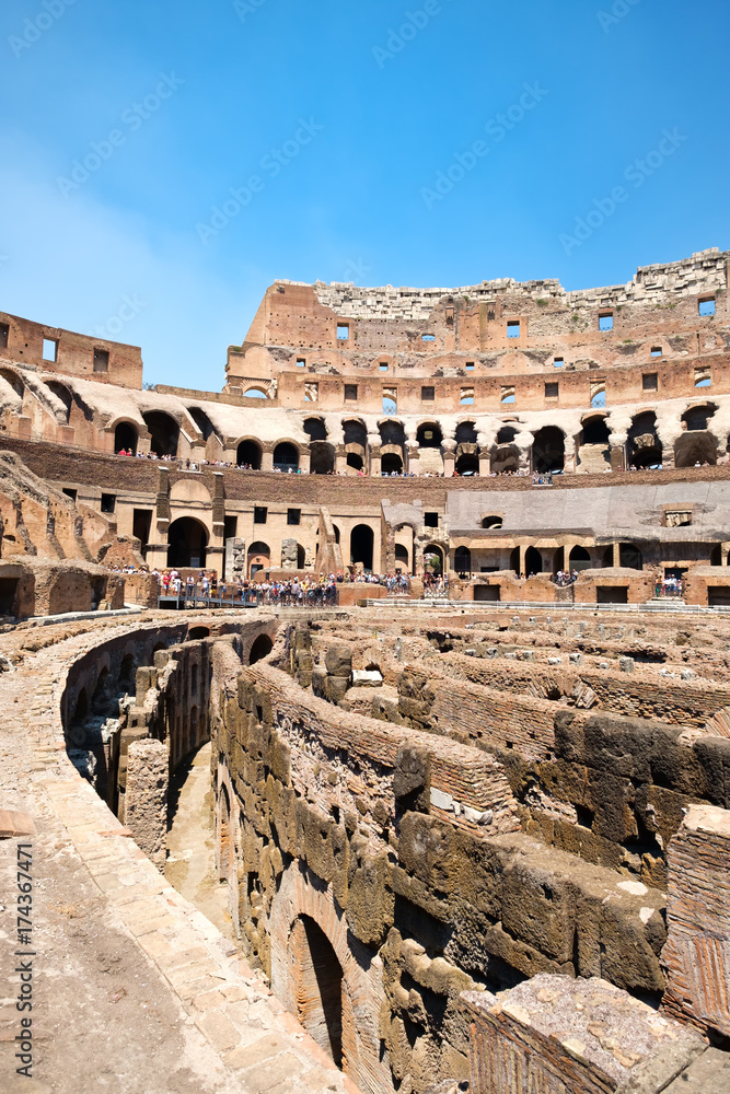 Interior of the ruins of the Colosseum in central Rome