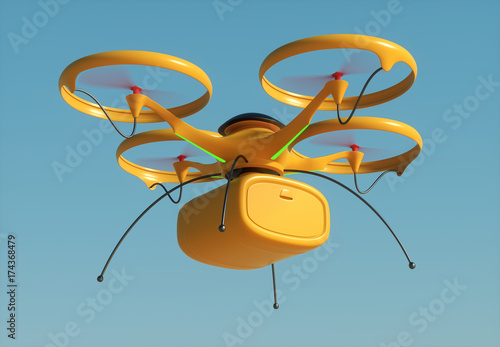 Conceptual image of package delivery by drone. Unmanned aerial vehicle (UAV) utilized to transport packages.