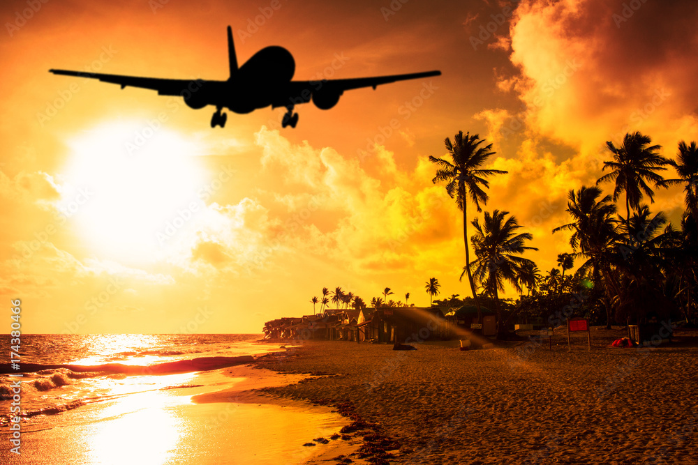 Beach Sunset and airplane lending - obrazy, fototapety, plakaty 