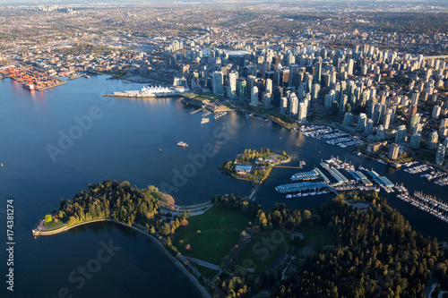 Beautiful Aerial View of Vancouver Downtown, British Columbia, Canada, during a bright spring sunset. photo