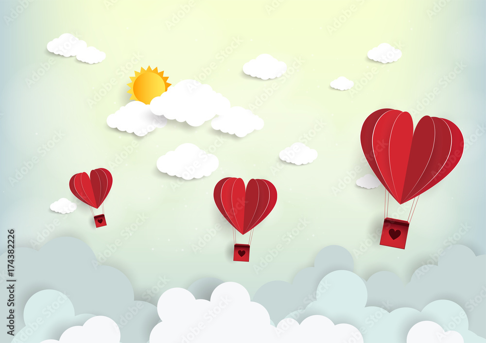 Paper art of illustration love and valentine day,Origami made hot air balloon flying