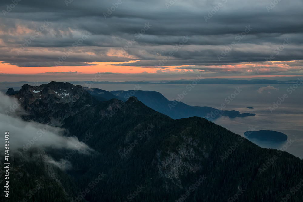 Aerial landscape view of the beautiful mountains North of Vancouver, near Howe Sound, British Columbia, Canada, with Horsebay in the background.