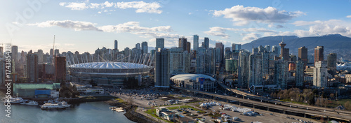 Downtown Vancouver, BC, Canada - Apr 02, 2017 - Aerial Panoramic View of the City Skyline, BC Place Stadium, Rogers Arena, around False Creek. photo