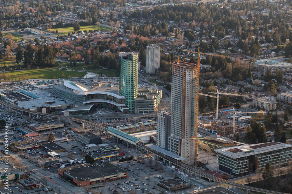 Aerial view of Surrey Central with New Highrise Construction. Picture taken in British Columbia, Canada.
