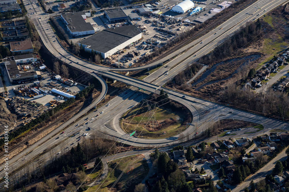Aerial view of the over pass bridge at Lougheed Hwy and United Blvd. Picture taken in Coquitlam, Greater Vancouver, BC, Canada.