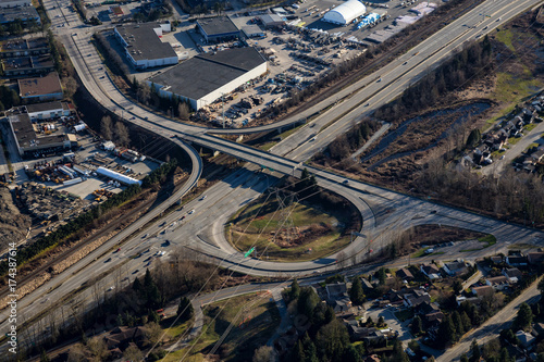 Aerial view of the over pass bridge at Lougheed Hwy and United Blvd. Picture taken in Coquitlam, Greater Vancouver, BC, Canada.