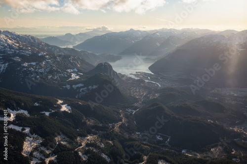 Aerial view of Squamish City  BC  Canada  during a winter sunset.