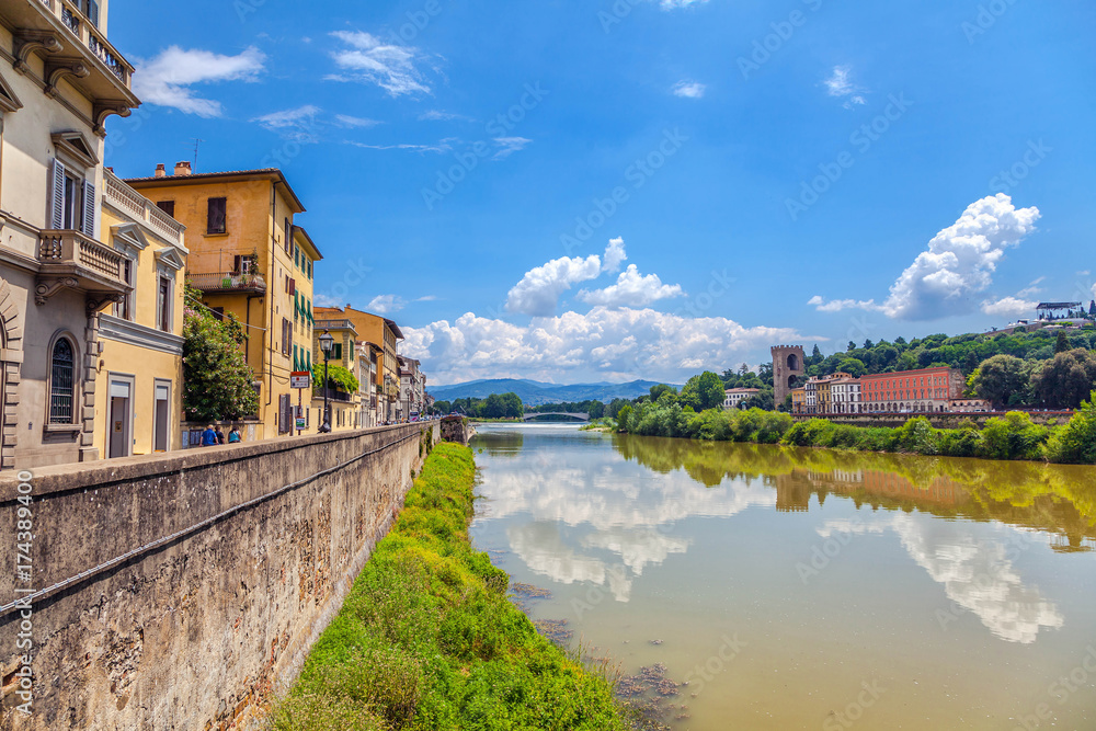 Florence. City landscape. The Arno River in the foreground