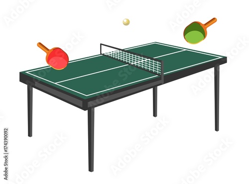 Table tennis with green field, wooden rackets and small ball