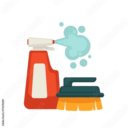 Bottle of spray cleaner and brush with handle