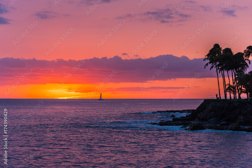 Boat and Palm Trees at Sunset