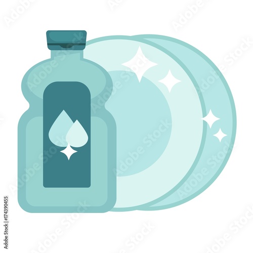 Shiny polished dishes and bottle of special detergent