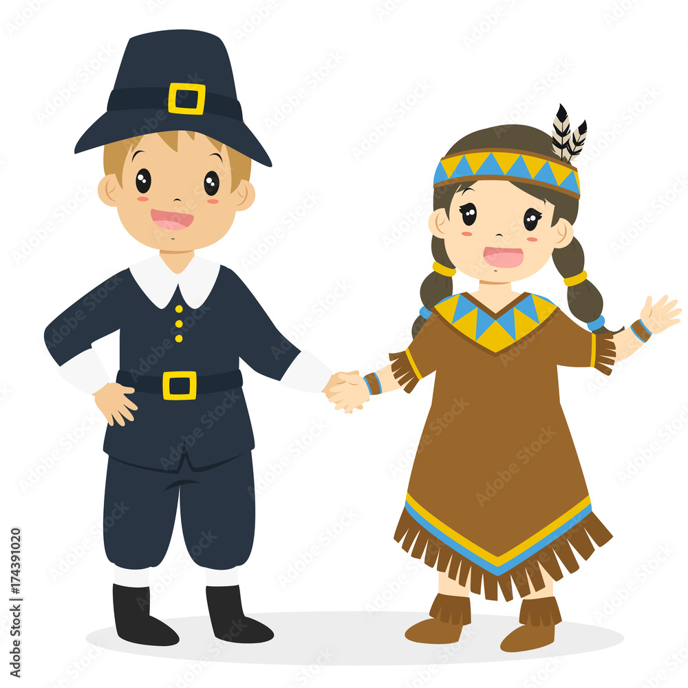 Thanksgiving cute and happy Pilgrim boy and Native American girl holding hands, character cartoon vector. Thanksgiving cute and happy Pilgrim boy and Native American girl holding hands, character cartoon vector.