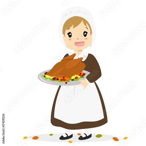 Pilgrim girl carrying a roasted turkey. Thanksgiving Pilgrim girl character cartoon vector.