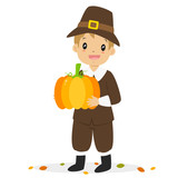Pilgrim boy carrying a fresh pumpkin. Thanksgiving Pilgrim boy character cartoon vector.
