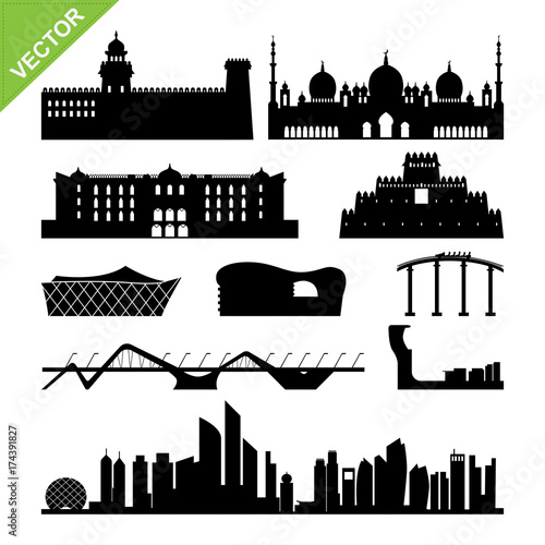 Abu Dhabi, United Arab Emirates landmark and skyline silhouettes vector