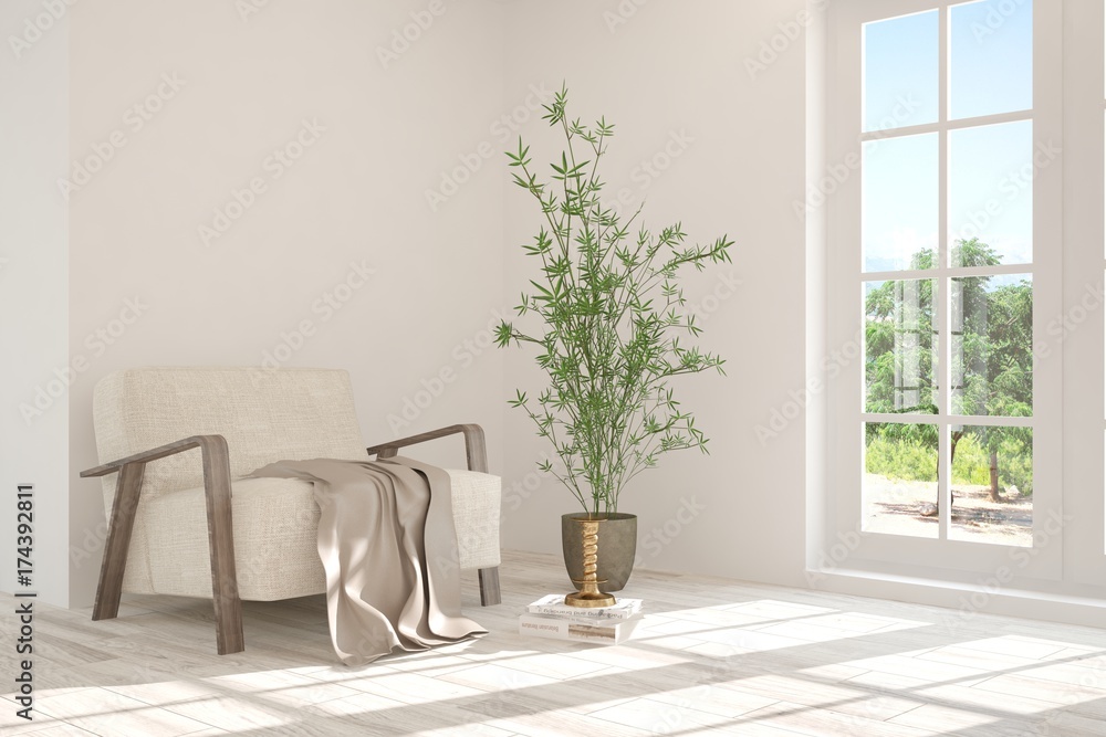 White room with armchair and green landscape in window. Scandinavian interior design. 3D illustration