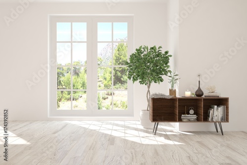 White empty room with summer landscape in window. Scandinavian interior design. 3D illustration