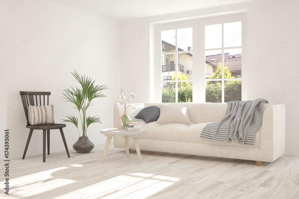 Fototapeta premium Idea of white minimalist room with sofa. Scandinavian interior design. 3D illustration