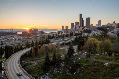 View of Downtown Seattle City Skyline, Washington, USA, during a sunset.