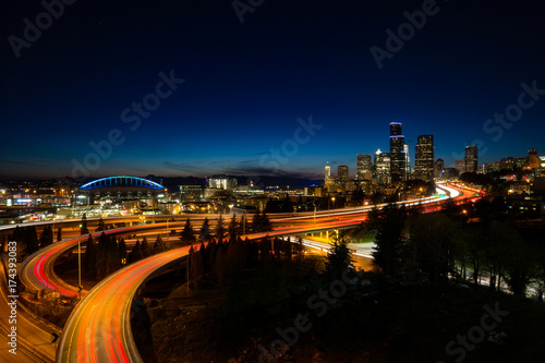 Long Exposure picture of Downtown Seattle, Washington, USA, during a colorful sunset.
