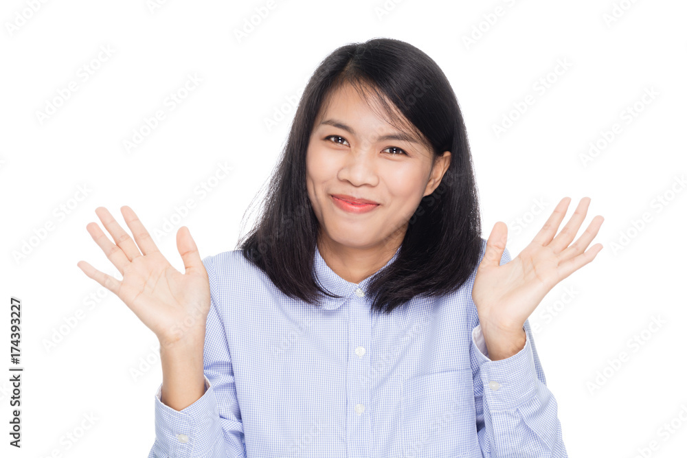 Portrait of a beautiful asian woman in a pose I do not know. Isolated on white background Portrait of a beautiful asian woman in a pose I do not know. Isolated on white background