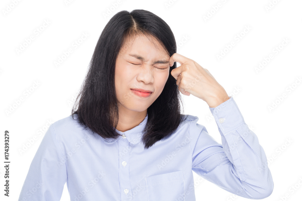 Portrait of a beautiful  asian business woman having a headache. Isolated on white background