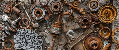 Rusted metallic car parts.
