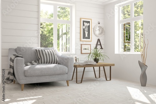 Idea of white room with armchair and summer landscape in window. Scandinavian interior design. 3D illustration