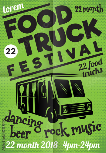poster for street festival of fast food with wagon on green background