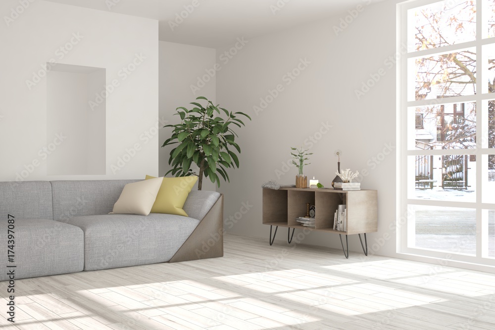Fototapeta premium Idea of white minimalist room with sofa. Scandinavian interior design. 3D illustration