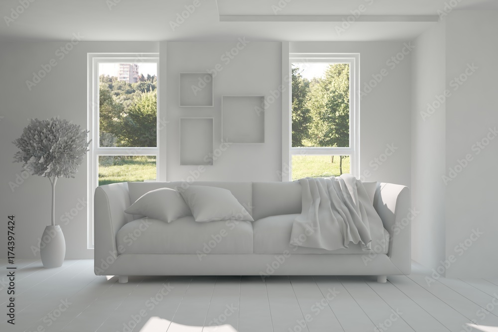 Fototapeta premium Idea of white room with sofa and summer landscape in window. Scandinavian interior design. 3D illustration