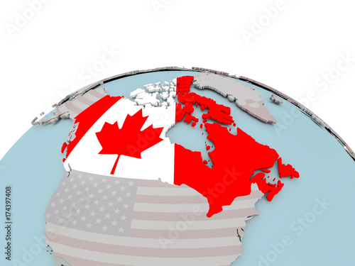 Political map of Canada on globe with flag