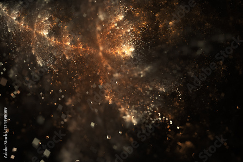 Bright galaxy. Abstract golden drops and sparkles on black background. Fantasy fractal texture. Digital art. 3D rendering.