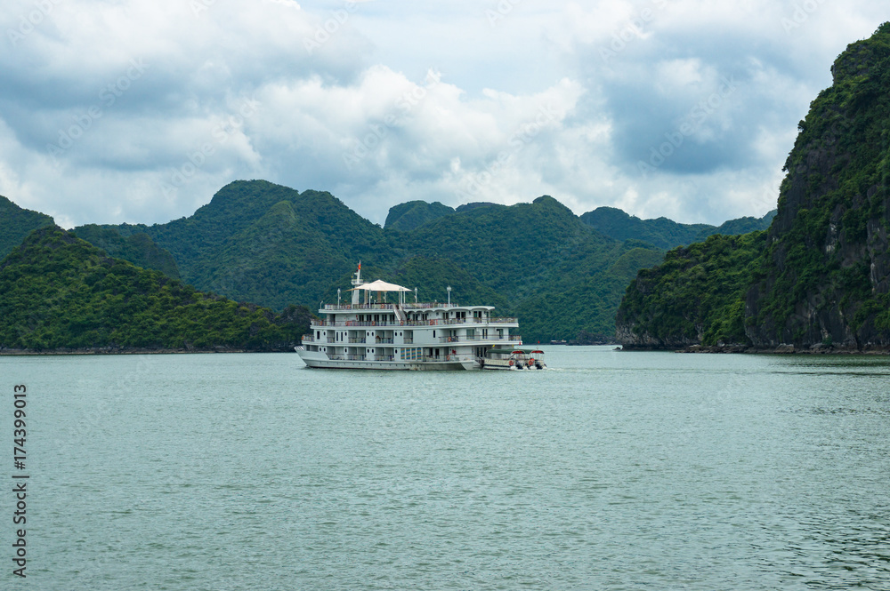 Cruise boat with beautiful tropical landscape on the background