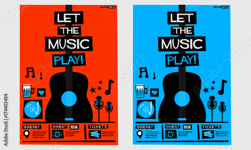 Let The Music Play! (Flat Style Vector Illustration Quote Poster Design) Event Invitation with Venue, Artist, Ticket and Time Details