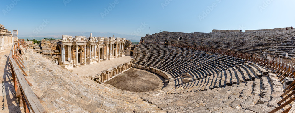 High Resolution panoramic view of Antique Theater in ancient Greek city Hierapolis, Pamukkale, Turkey