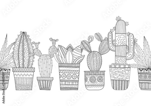 Fototapeta Naklejka Na Ścianę i Meble -  Black and white illustration of ornamental cacti and succulents for coloring books, pages