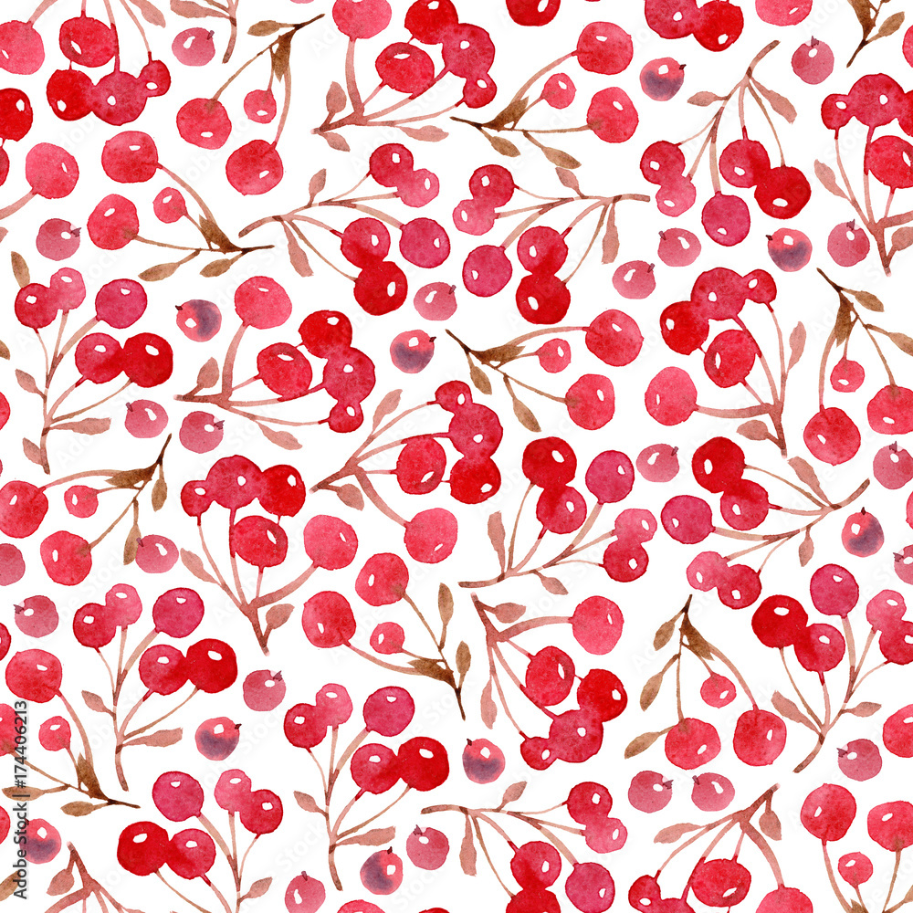 Watercolor Christmas background of leaves and red berry Watercolor Christmas background of leaves and red berry