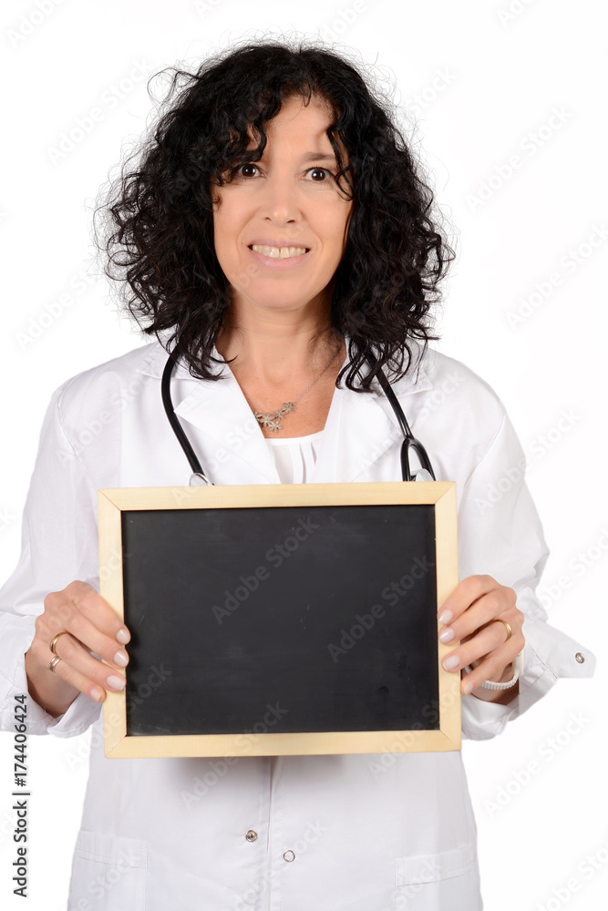 Medical doctor woman holding chalkboard. Medical doctor woman holding chalkboard.