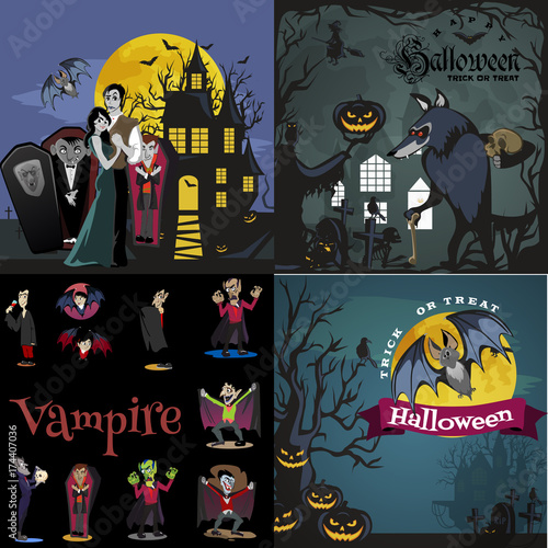 Halloween backgrounds set with vampire and their castle under full moon and cemetery, Draculas monster in coffin flat vector illustrations, good for Halloween party invitation or flyer, greeting card