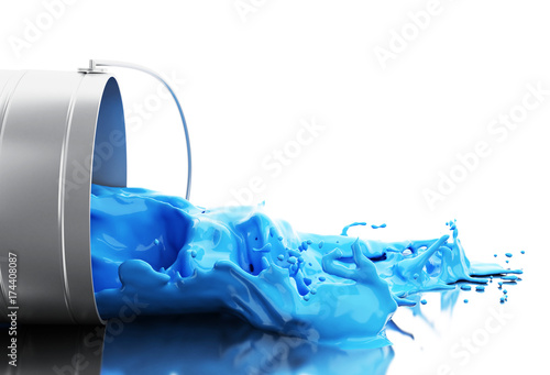 3d Blue paint splashing out of can