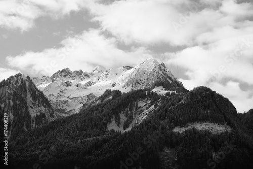 Peaks of austrian alps in winter, black and white