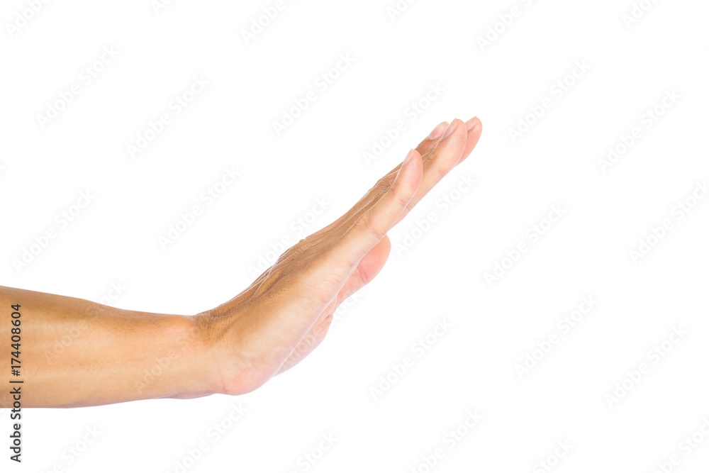 Man making stop gesture with hand isolated on white background with clipping path.