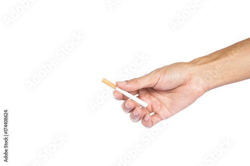 Hand gesture giving a cigarette isolated on white background with clipping path. Hand holding one cigarette red filter.