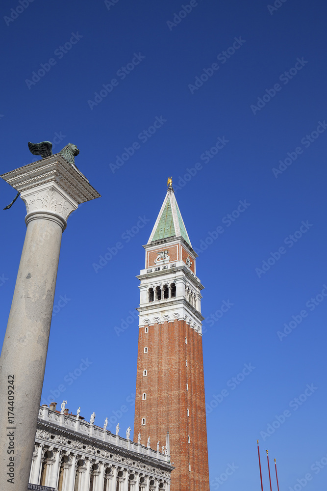 Piazza San Marco with  St Mark's Campanile and Column of San Marco, Venice, Italy.