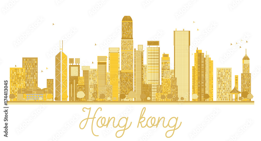 Hong Kong China City skyline golden silhouette.