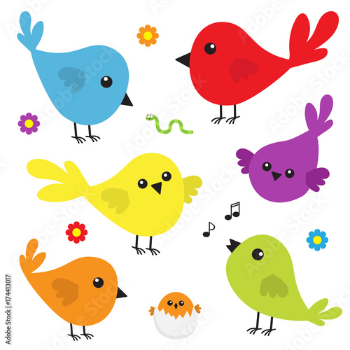 Bird icon set. Cute cartoon colorful character. Birds baby collection. Decoration element. Singing song. Flower, worm insect, music note, shell nesting. Flat design. White background. Isolated.