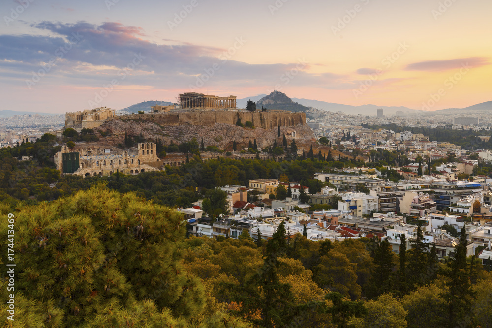 View of Athens from Filopappou hill at sunrise, Greece. 
