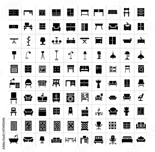 Furniture and home interior accessories isolated flat vector icons set